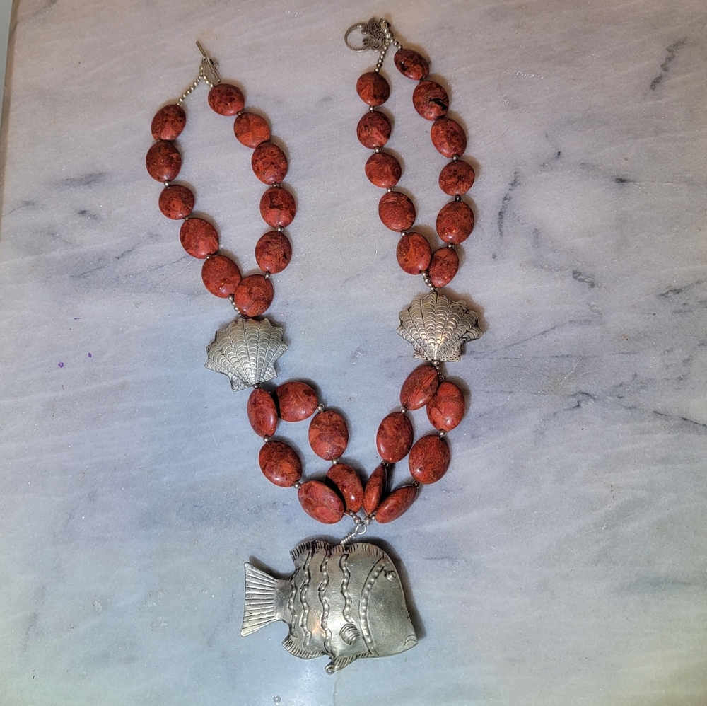 Artisan Necklace Genuine Coral Sterling 925 20" Fish Shell Coastal Beach - Picture 2 of 7